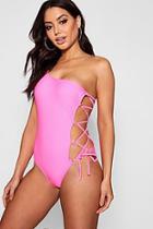 Boohoo Kingston One Shoulder Lace Up Swimsuit