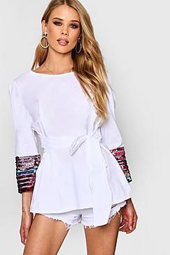Boohoo Olivia Sequin Cuff Belted Blouse