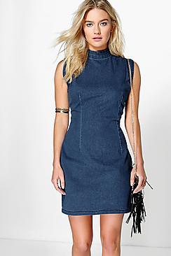 Boohoo High Neck Sleeveless Denim Dress