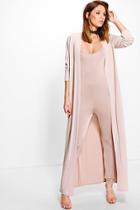 Boohoo Ava Slinky Unitard And Texture Duster Co-ord Nude