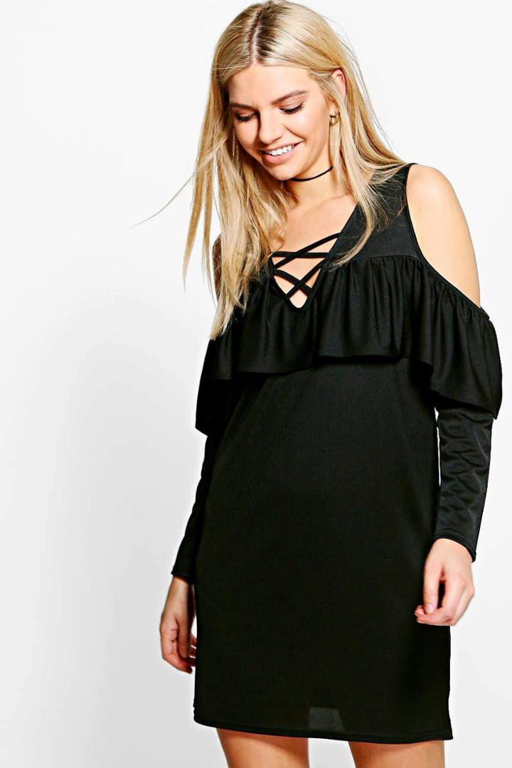 Boohoo Ash Lace Up Cold Shoulder Ruffle Shift Dress Black