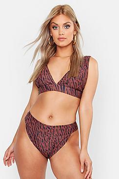 Boohoo Plus Tiger High Leg & Waist Deep Plunge Bikini