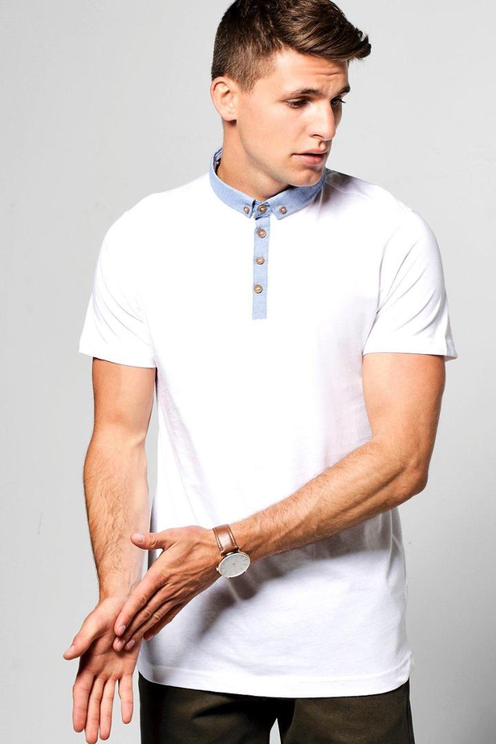 Boohoo Chambray Button Down Collar Jersey Polo White