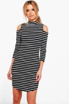 Boohoo Carmen Stripe Cold Shoulder Bodycon Dress Black