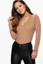 Boohoo Petite Melanie Cut Out High Neck Knitted Top Camel