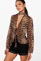 Boohoo Freya Leopard Choker Tie Front Blouse