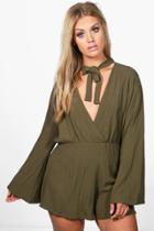 Boohoo Plus Megan Tie Neck Crinkle Playsuit Khaki