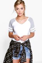 Boohoo Plus Oriana V Neck Striped Sleeve Top Grey