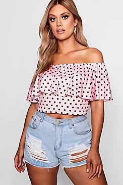 Boohoo Plus Ally Polka Dot Off Shoulder Ruffle Top