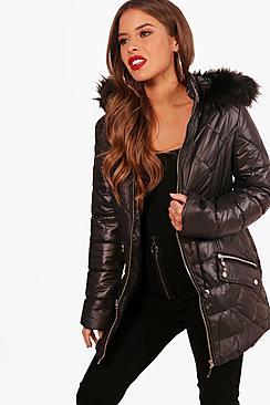 Boohoo Petite Ellie Padded Drawstring Faux Fur Hooded Coat