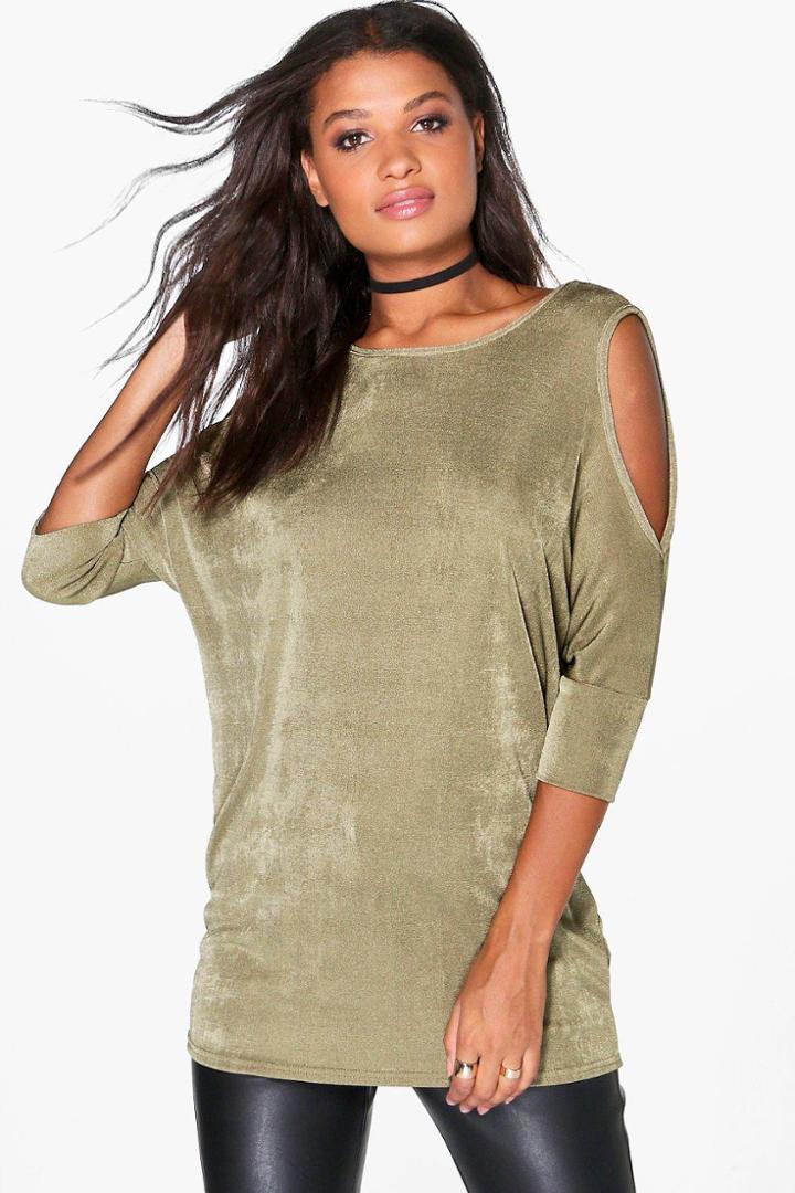 Boohoo Rosie Slinky Cold Shoulder Top Khaki