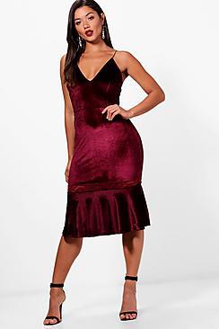 Boohoo Katie Velvet Lace Insert Frill Hem Midi Dress