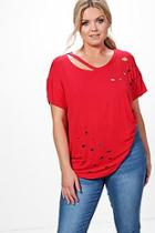 Boohoo Plus Fran Distressed Cut Shoulder Tee