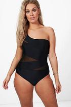 Boohoo Plus Hannah Ruched Mesh 1 Shoulder Swimsuit