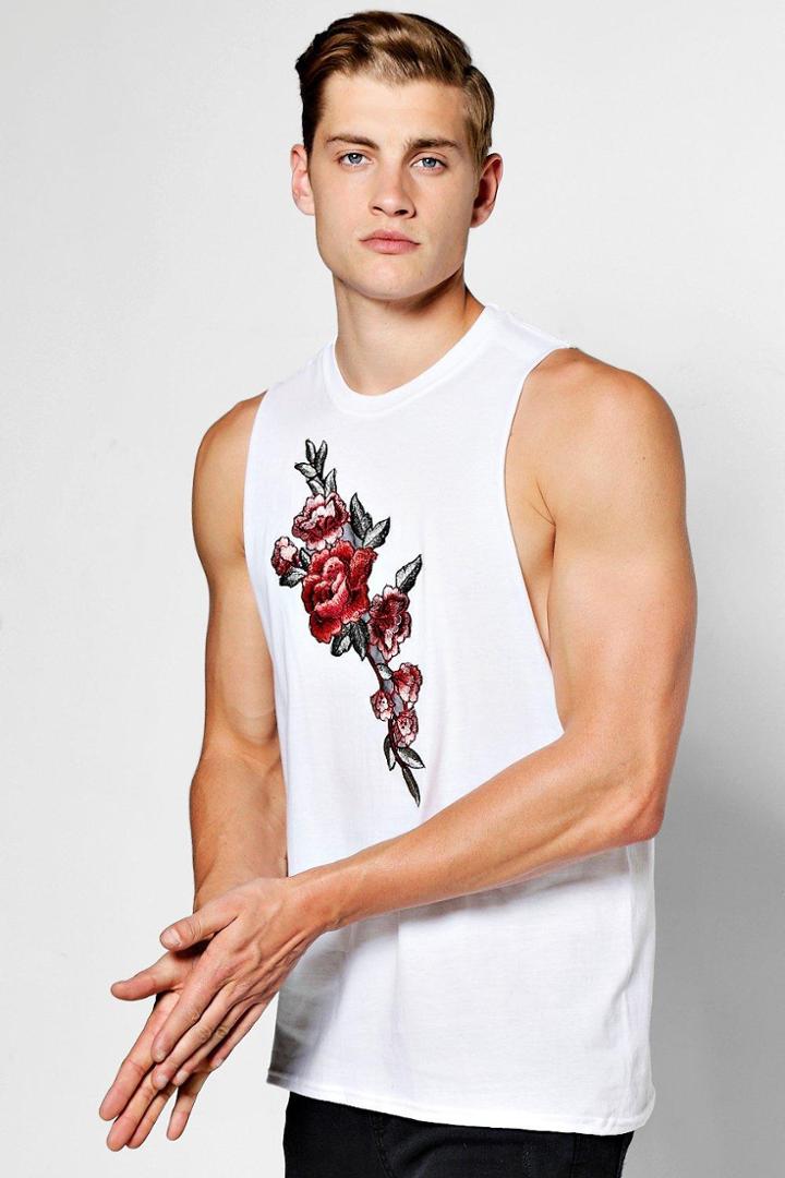 Boohoo Rose Embroidered Tank With Drop Armhole White