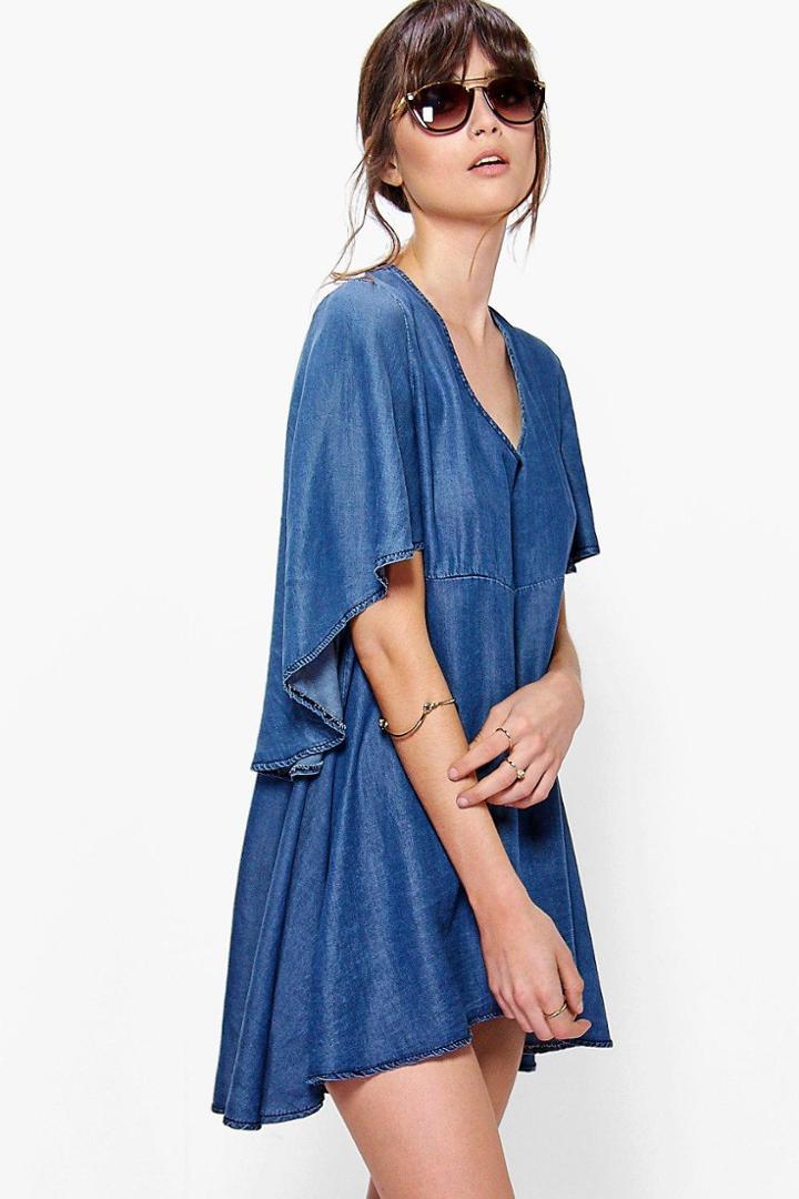 Boohoo Erin Cape Style Denim Dress Indigo