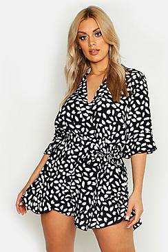Boohoo Plus Wrap Ruffle Smudge Print Playsuit