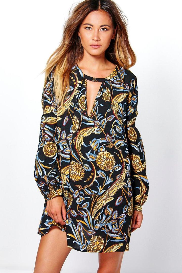 Boohoo Ali Artisan Floral Plunge A-line Swing Dress Black