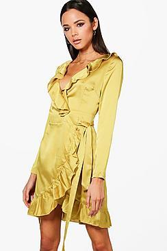 Boohoo Satin Frill Sleeved Skater Dress