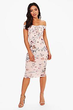 Boohoo Ava Floral Print Off Shoulder Ruched Midi Dress