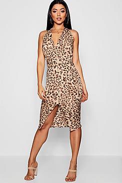 Boohoo Leopard Print Halter Wrap Midi Dress