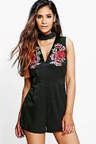 Boohoo Mia Choker Plunge Floral Embroidery Playsuit
