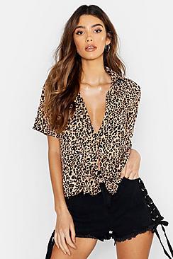 Boohoo Satin Leopard Knot Front Sleeved Shirt