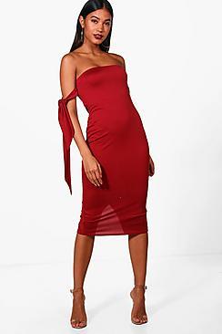Boohoo Polly Tie Sleeve Off The Shoulder Midi Dress