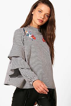 Boohoo Lizzie Gingham Embroidered Ruffle Blouse