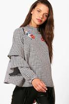 Boohoo Lizzie Gingham Embroidered Ruffle Blouse