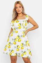 Boohoo Plus Ruffle Shoulder Lemon Print Skater Dress
