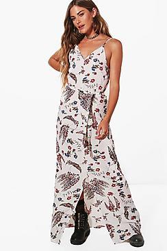 Boohoo Strappy Tie Waist Printed Woven Maxi Dress