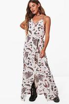 Boohoo Strappy Tie Waist Printed Woven Maxi Dress
