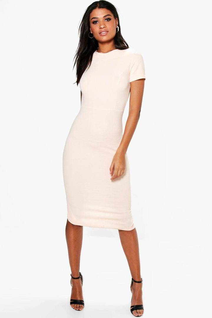 Boohoo Hollie Fitted Midi Tailored Dress Nude