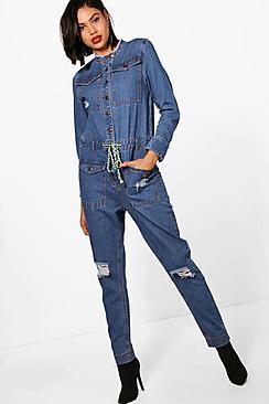 Boohoo Dani Ripped Denim Jumpsuit