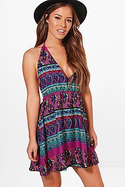 Boohoo Petite Hailey Mixed Print Halterneck Sundress
