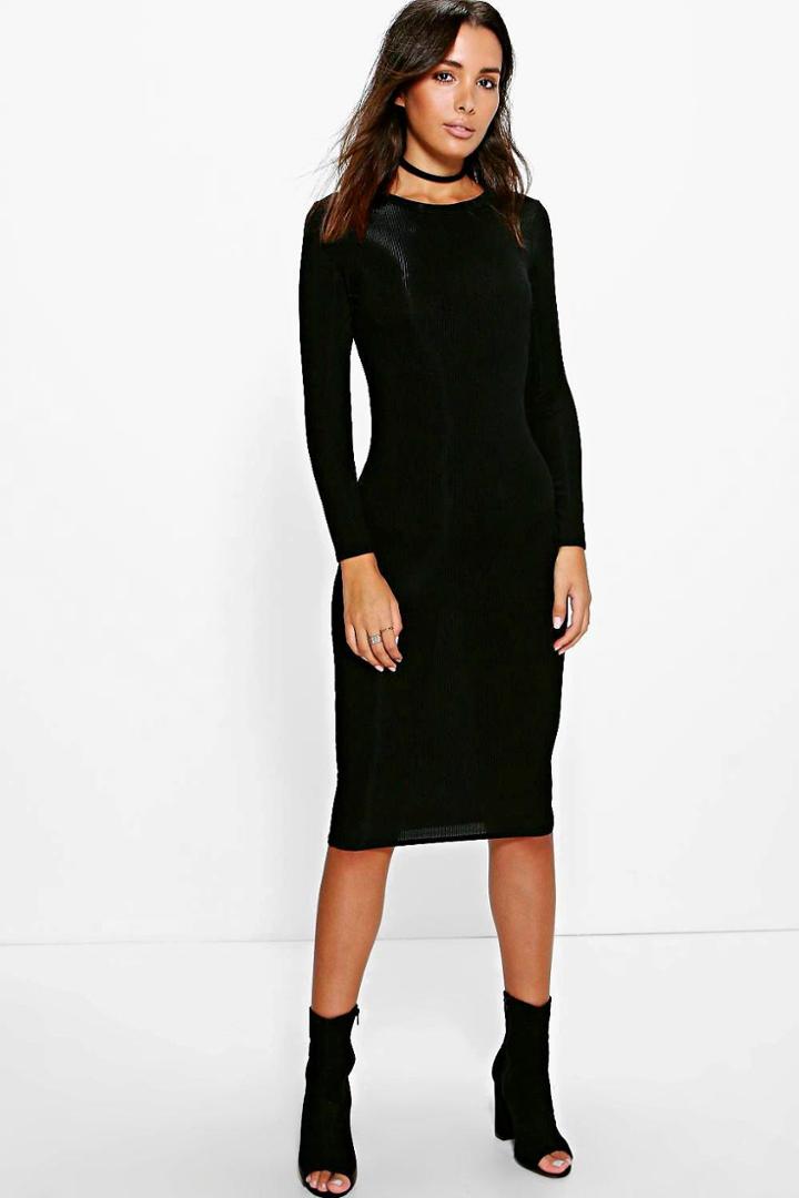 Boohoo Constance Rib Long Sleeve Midi Dress Black