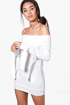 Boohoo Petite Eva Off The Shoulder Tie Sleeve Sweat Dress