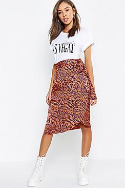Boohoo Leopard Wrap Satin Midi Skirt