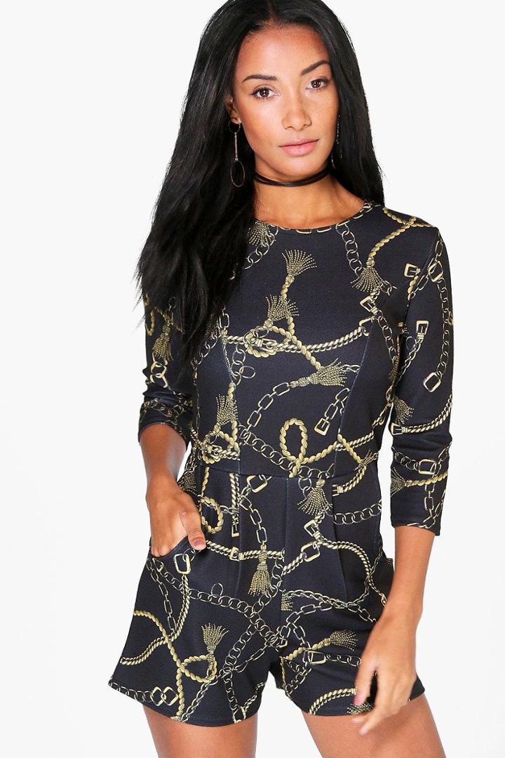 Boohoo Linda Chain Print 3/4 Sleeve Playsuit Black