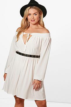 Boohoo Plus Paige Off Shoulder Boho Skater Dress