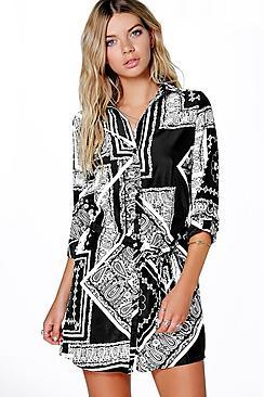 Boohoo Ramone Mono Print Belted Shirt Dress