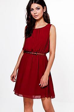 Boohoo Sleeveless Chiffon Belted Skater Dress