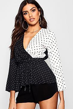 Boohoo Annie Contrast Polka Dot Wrap Blouse