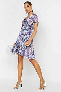 Boohoo Woven Snake Wrap Ruffle Tea Dress