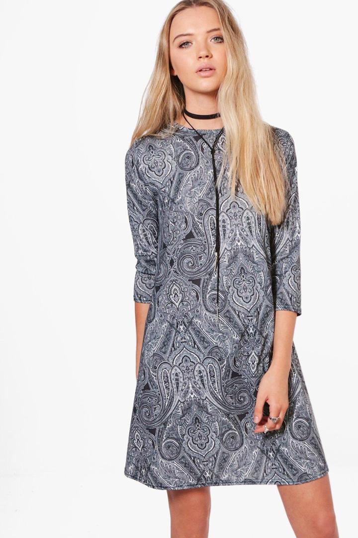 Boohoo Coral Paisley 3/4 Sleeve Swing Dress Black