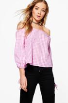 Boohoo Grace Gingham Off The Shoulder Woven Top Pink