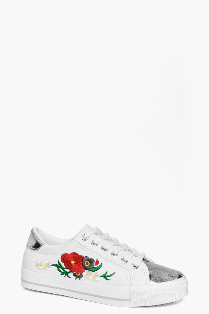 Boohoo Beth Embroidered Metallic Toe Cap Trainer Silver