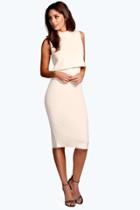 Boohoo Leah High Neck Double Layer Midi Dress Nude
