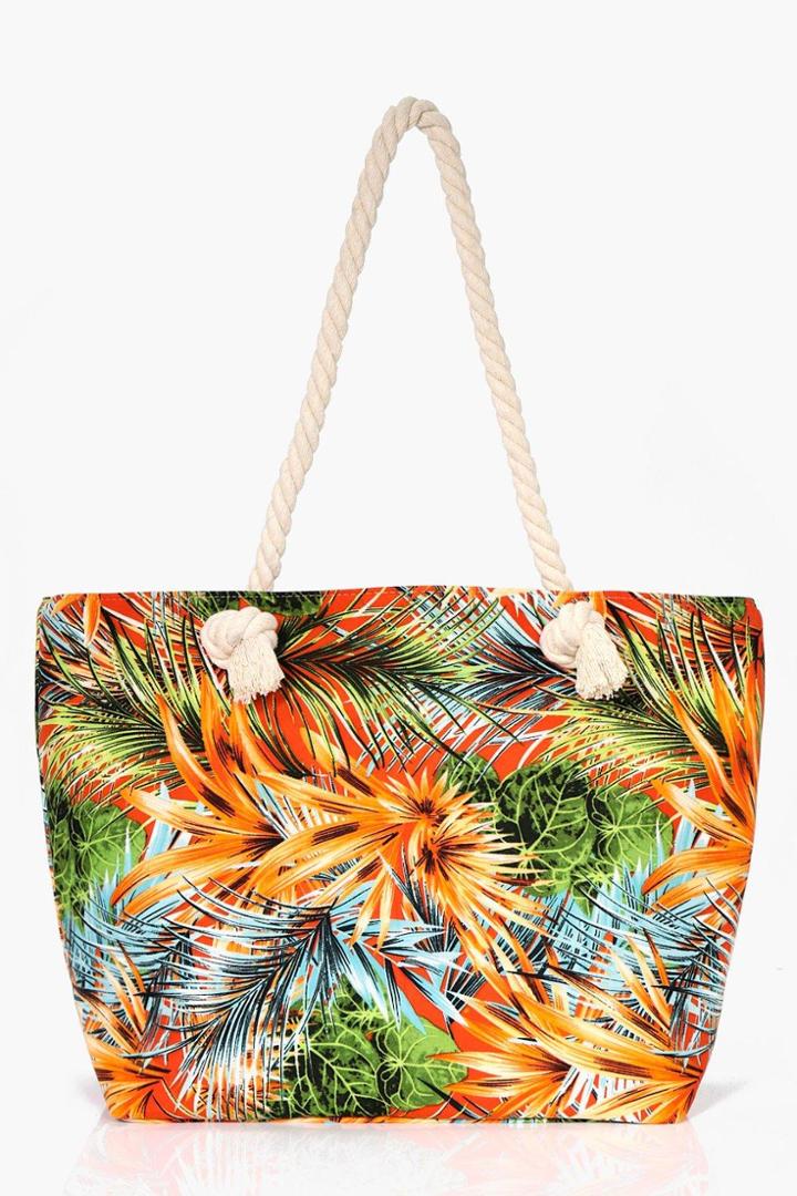 Boohoo Lydia Palm Print Beach Bag Orange